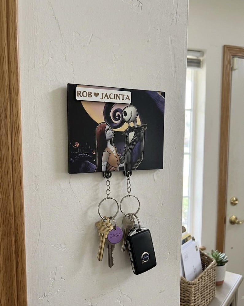 High-quality handmade wooden Jack and Sally keychain Personalized