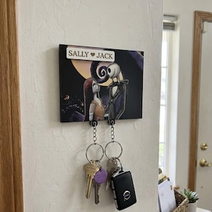 High-quality handmade wooden Jack and Sally keychain With character names