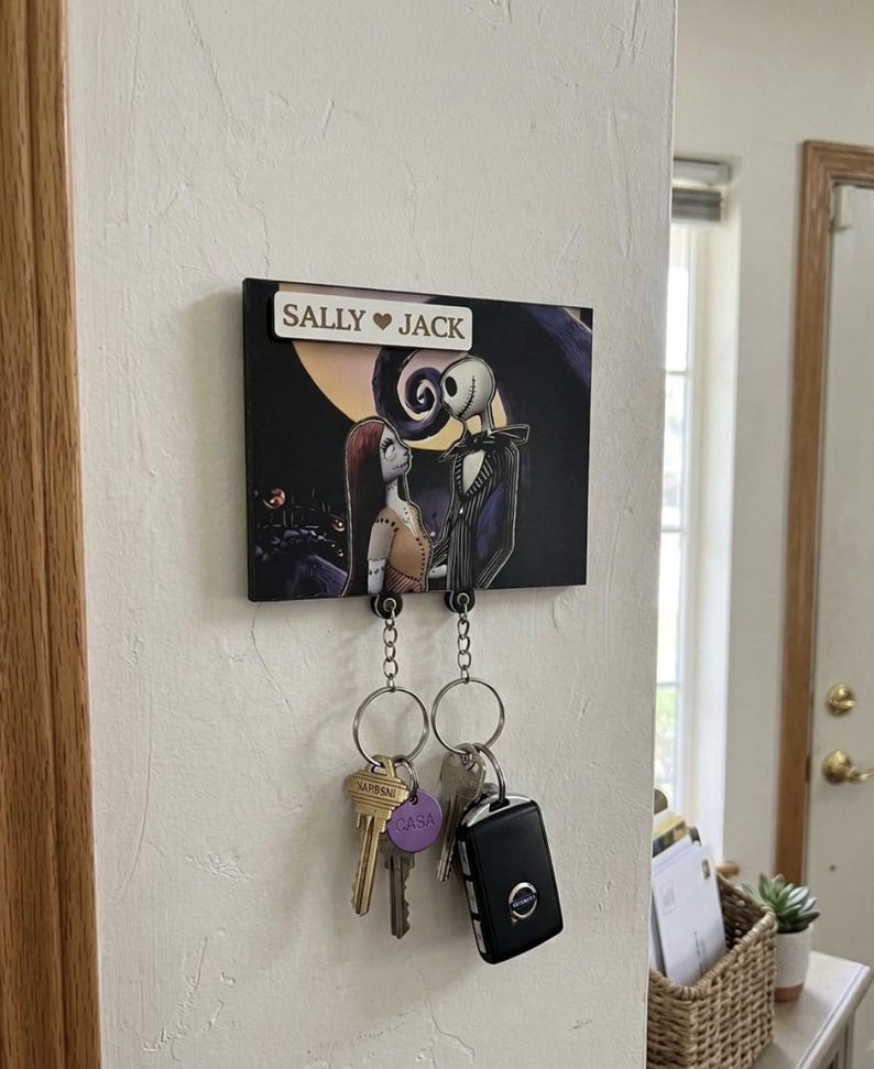 High-quality handmade wooden Jack and Sally keychain With character names