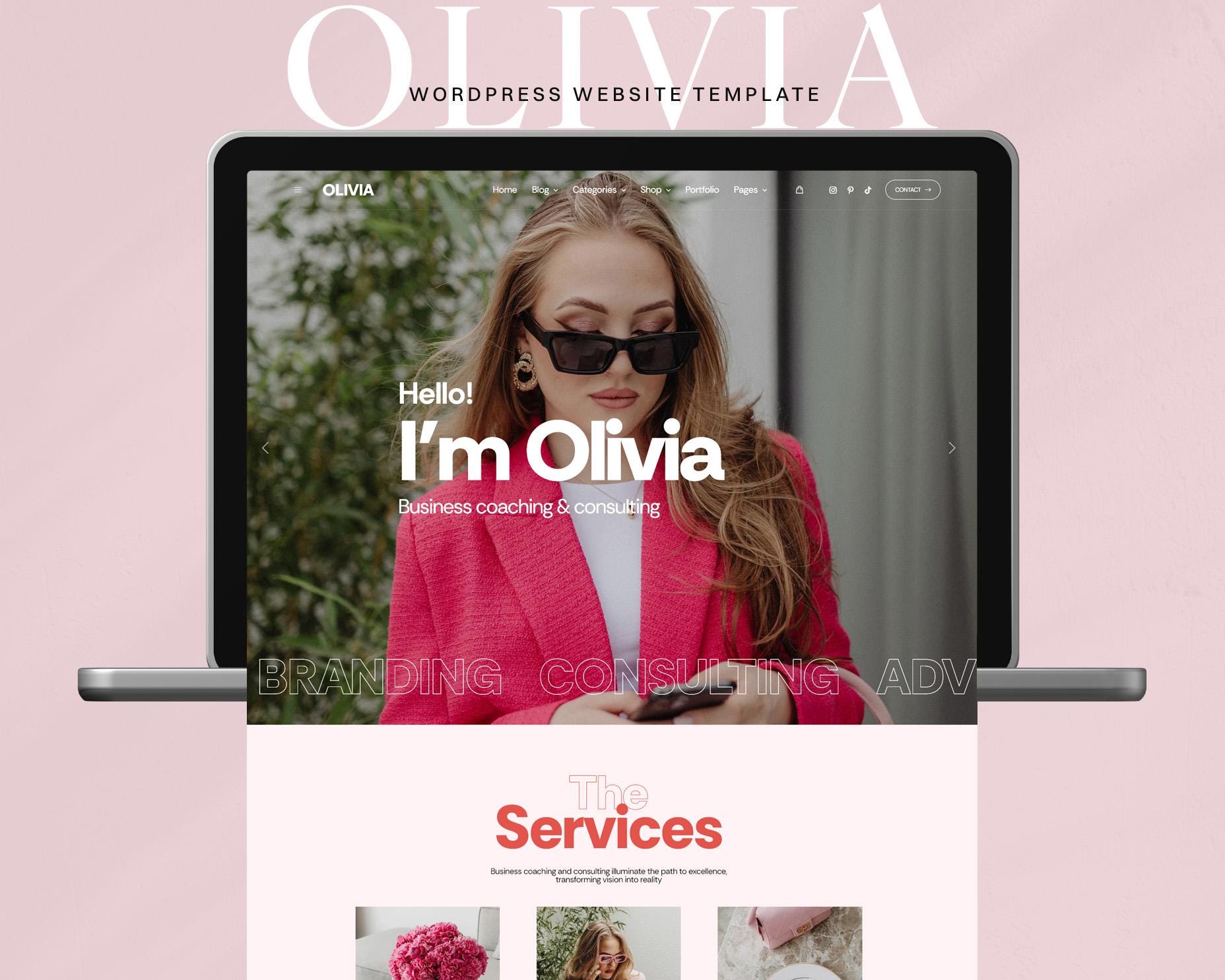 Olivia - Pink Wordpress Theme · Elementor Theme · Modern Website Template for Business · Coaches · Bloggers · Marketing Agencies