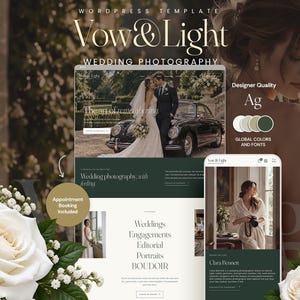 May include: A WordPress template for wedding photography titled Vow & Light, featuring a desktop and mobile website layout, a colour palette of white, beige, and dark green, and text including Weddings, Engagements, Editorial, Portraits, and BOUDOIR.