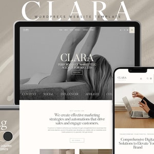 Può includere: Un modello di sito web per un'agenzia di marketing delle prestazioni chiamata Clara. Il sito web presenta una foto in bianco e nero di una donna su un divano, con il testo "Clara" e "Agenzia di marketing delle prestazioni per il successo" in testo bianco. Il sito web presenta anche un menu con le seguenti opzioni: Contenuto, Social, Influencer, Affiliato e Contatto.