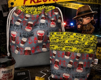 Fueled by Coffee n' True Crime Combo or Drawstring Project Bag | Knitting & Crochet | Yarn Tote w/ Crime Scene Tape | Summer Sock Camp