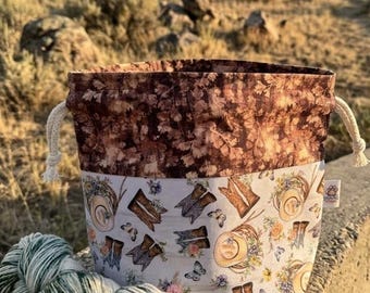 Western Cowboy Boot Drawstring Project Bag | Knitting & Crochet Bag | Yarn Tote | Floral Cowgirl Project Pouch | Summer Sock Camp