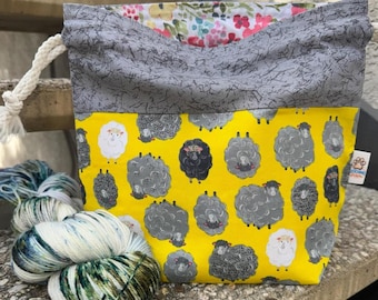 Sheep Drawstring Project Bag | Knitting & Crochet Bag | Yarn Tote | Cute Yellow Lamb Yarn | Summer Sock Camp