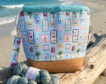 Summer Daze Beach House Project Bag | Beach Days | Cork Bottom|  Zipper and Drawstring Combo | Knitting & Crochet | Summer of Sock Camp