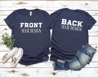 May include: Two navy blue t-shirts with white text. The front shirt says "FRONT YOUR DESIGN" and the back shirt says "BACK YOUR DESIGN".