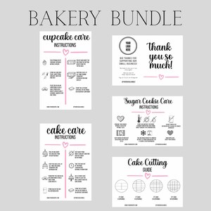 Cake Care, Cupcake Care, Sugar Cookie Care, Cake Cutting Guide, Thank You Card, Printable Baking Business Template for Canva