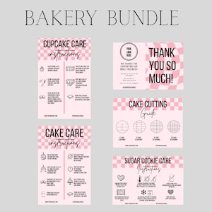 Cake Care, Cupcake Care, Sugar Cookie Care, Cake Cutting Guide, Thank You Card. Printable Baking Business template for Canva