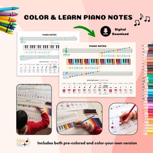 Colorful Piano Activity for Kids, Basic Piano Notes Chart – Color & Learn Printable Piano Cheat Sheet, Best Gift for Piano Students