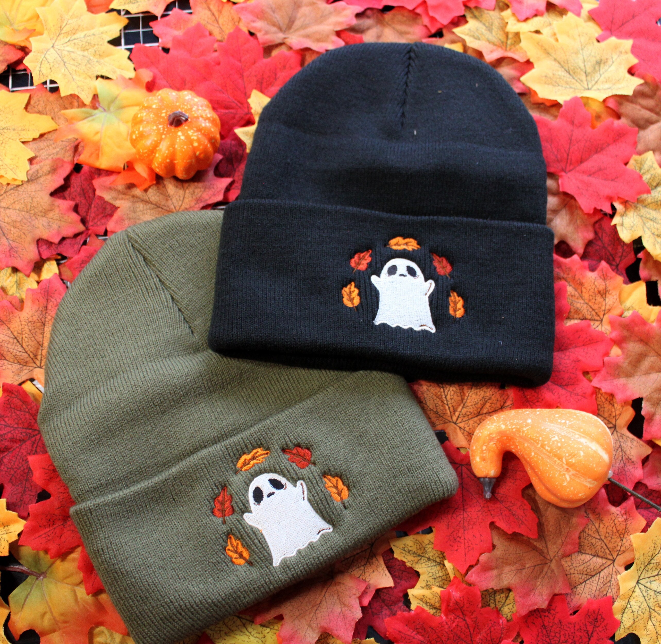 Ghost Embroidered Knit Beanie in Green, Black or Brown