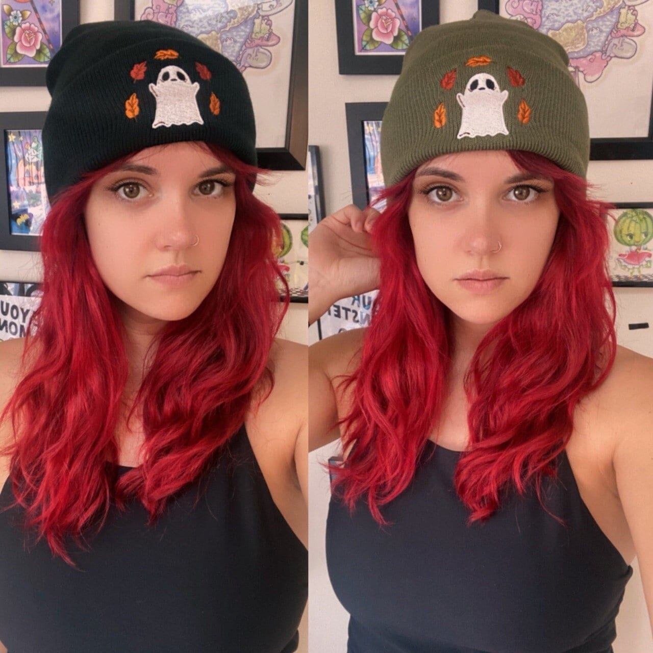 Ghost Embroidered Knit Beanie in Green, Black or Brown