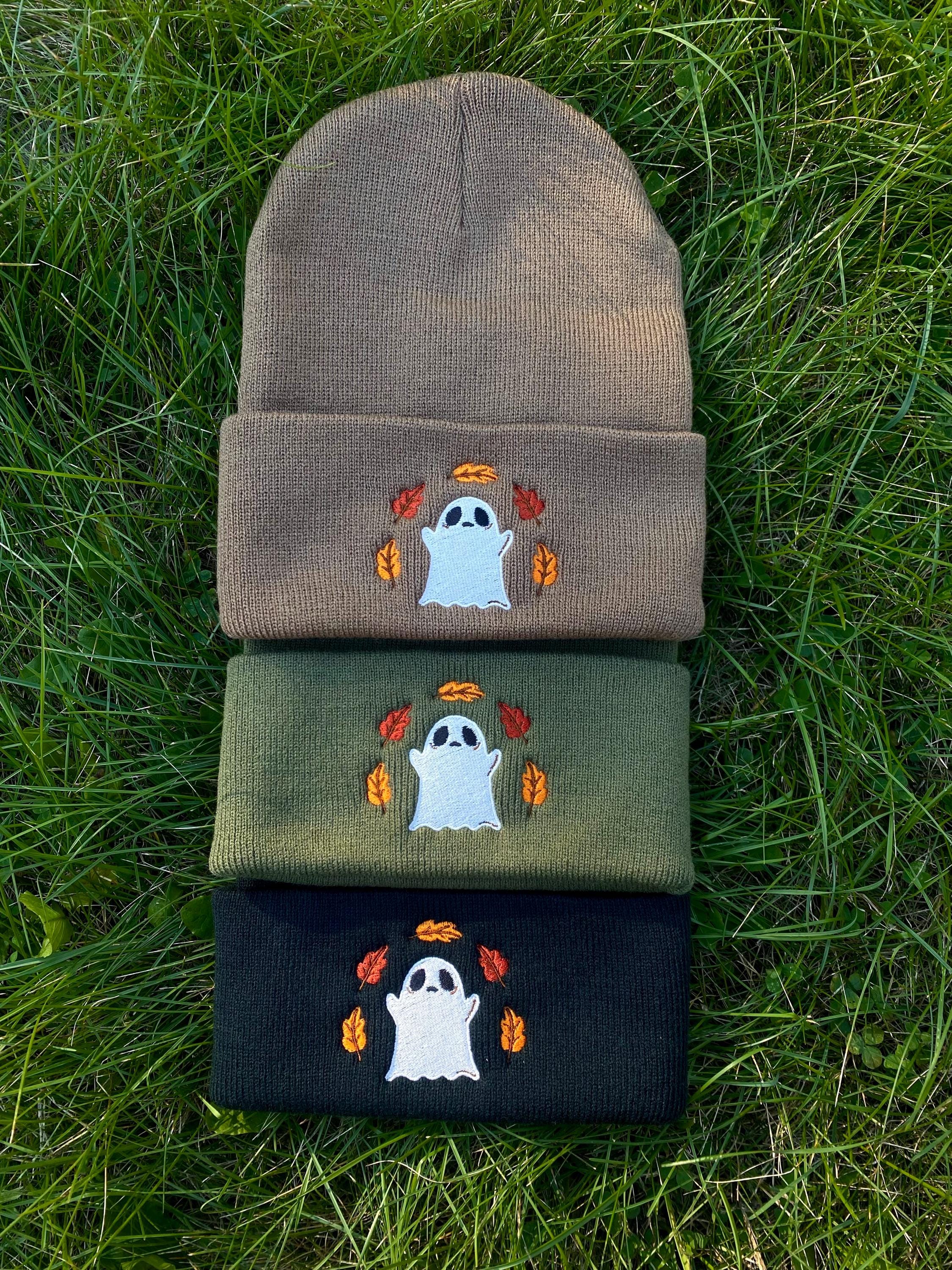 Ghost Embroidered Knit Beanie in Green, Black or Brown