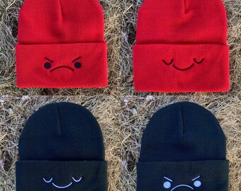 Two-sided Mood Beanie- Double sided embroidered knit beanie in Red or Black
