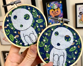 Mini Kodama Forest Spirits- Handmade Embroidery Hoop Art