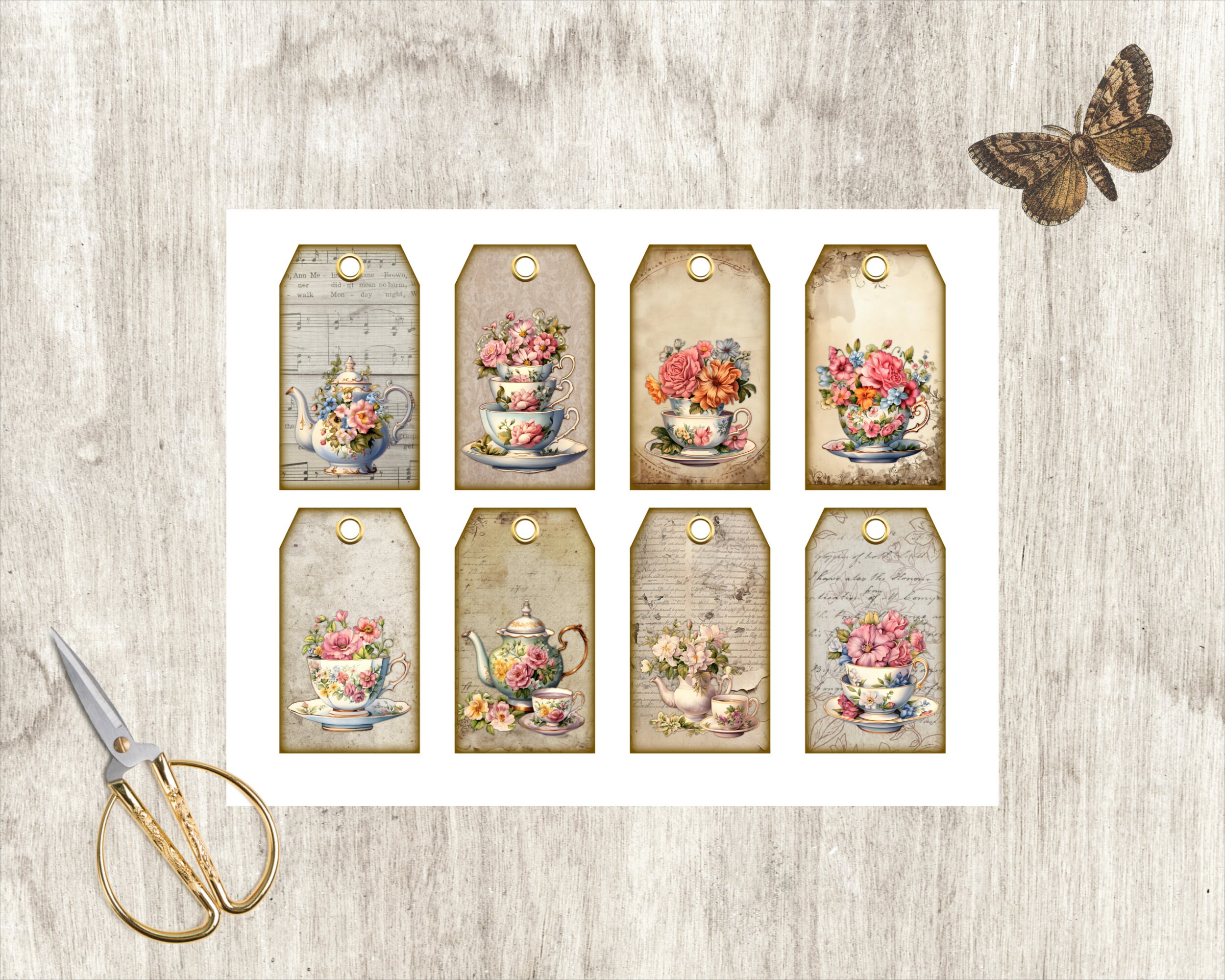 Tea Cups and Floral Tags, 8 Designs, 2 X 3.5, Instant Download ...