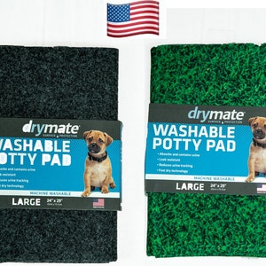 May include: Two large, machine washable potty pads for pets. One pad is gray and the other is green with a grass print. Both pads are labeled "drymate" and "WASHABLE POTTY PAD".