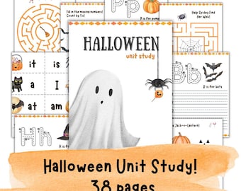 May include: A Halloween unit study for preschool, kindergarten, and first grade. The cover features a white ghost with a friendly face and a black spider hanging from a web. The text "HALLOWEEN unit study" is in black letters on a white background. The text "38 pages" is in black letters on an orange background. The text "Pre-K, K, 1st Grade" is in black letters on an orange background.