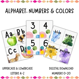 Flash-kaarten alfabet, cijfers 0-20, kleuren, helder en mooi, INSTANT DOWNLOAD, hoofdletters en kleine letters, voor vroege leerlingen