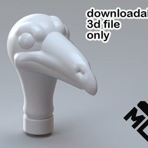 May include: A white 3D-printed sculpture of a bird's head, featuring a long beak and detailed eye. The text "downloadable 3d file only" is visible. A black logo is in the lower right corner. The sculpture is on a gray background.