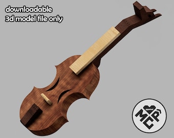 May include: A 3D model file of a wooden violin with a brown body and a light brown neck. The text "downloadable 3d model file only" is visible in the top left corner of the image.