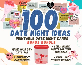 Más de 100 tarjetas de cita nocturna / Paquete de bonificación imprimible / Ideas únicas para citas / Tarro de cita nocturna DIY / Regalo para parejas / Regalo de aniversario