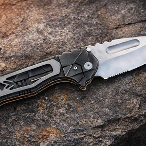 May include: A tactical folding knife with a silver blade and a black and gray handle. The blade has a partially serrated edge. The knife is resting on a textured rock surface.