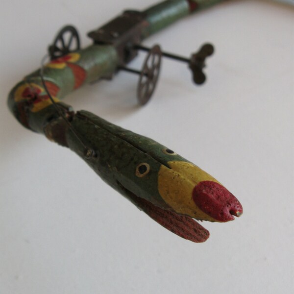 rare german penny toy wood tin wind up folk art snake handmade old paint primitive turn of the century