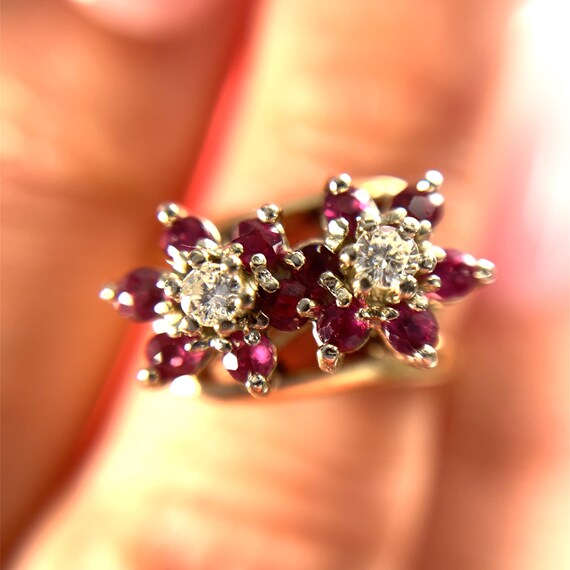 14k Ruby & Diamond Double Flower Bypass Ring set … - image 7
