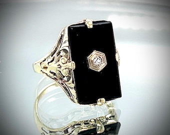 10k Art Deco Black Onyx & Diamond Vintage Ring