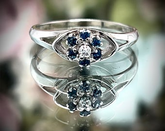 10k Vintage Blue Sapphire & Diamond Flower Ring