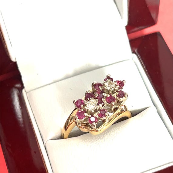 14k Ruby & Diamond Double Flower Bypass Ring set … - image 9
