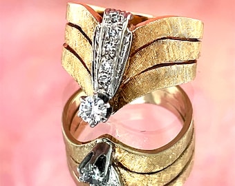14k Art Deco Vintage Handmade Diamond Cocktail Ring, Wide Yellow Gold mounting
