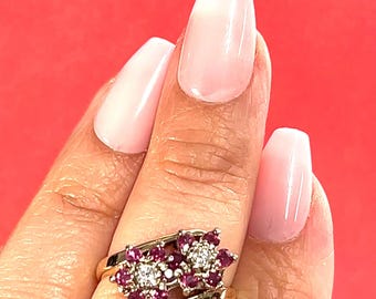 14k Ruby & Diamond Double Flower Bypass Ring set in Yellow Gold