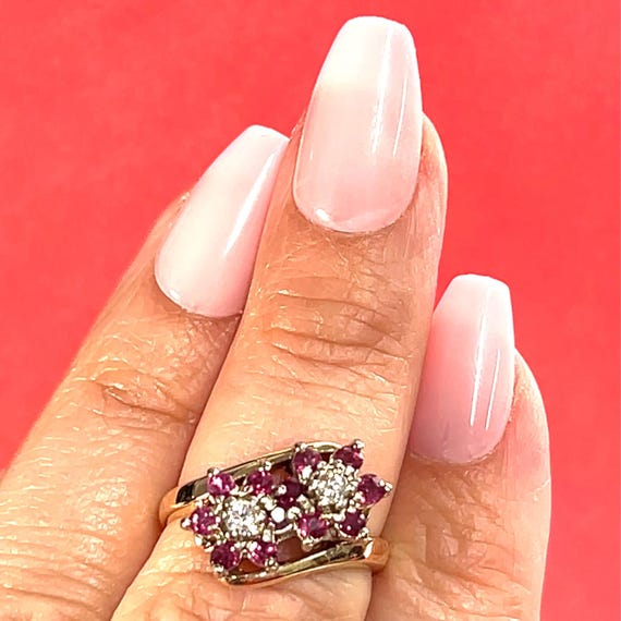 14k Ruby & Diamond Double Flower Bypass Ring set … - image 2