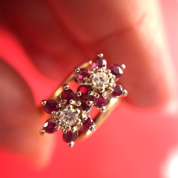 14k Ruby & Diamond Double Flower Bypass Ring set … - image 10