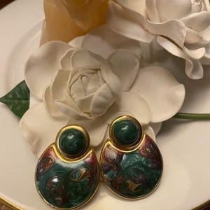 Vintage Gold tone Inlaid Hinged Multi-colored Dangle Earrings