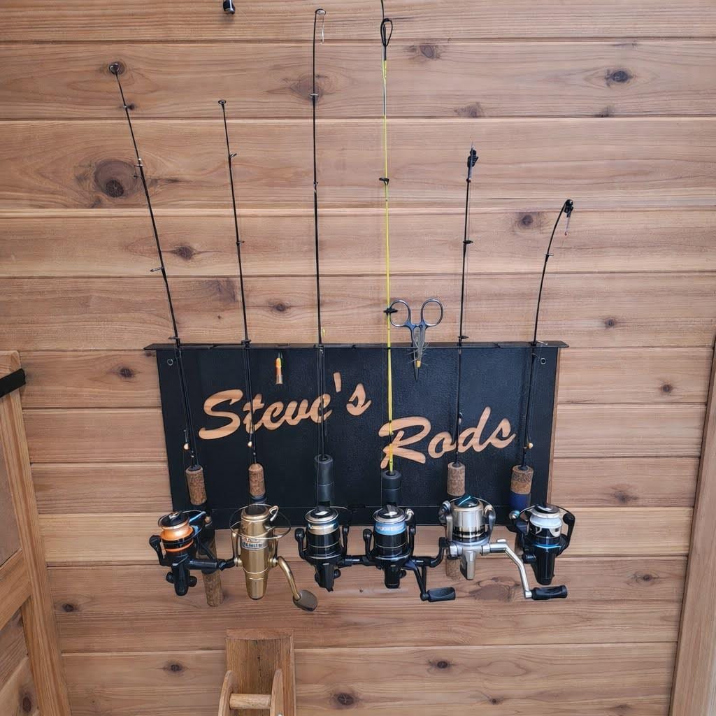 ice fishing rod holder wall mount PLUSINNO H5W Horizontal Rod/Pole Holders for Garage, or Ceiling Mounted Rack, Solid Wood Fishing Holds up to 5/10/20 Rods or Combos Fishing Gear, Gifts for Men Model:Live-X Model 1 Unlike summer fishing Air Pumps US Aquarium Gravel Cleaner