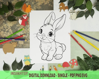 Cute Animal Coloring Pages for Kids | Simple Rabbit Printable Coloring Sheet | PDF, PNG, SVG Digital Download | Single