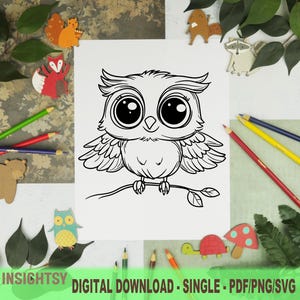 Cute Animal Coloring Pages for Kids | Simple Owl Printable Coloring Sheet | PDF, PNG, SVG Digital Download | Single