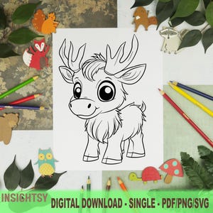 May include: A black and white line drawing of a cartoon reindeer with large eyes and a friendly expression. The reindeer is standing on all four legs and has antlers.