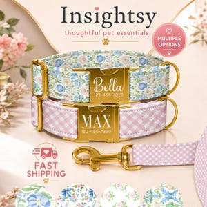 Personalized GrandMillennial Dog Collar With Name, Cute Floral Custom Dog Collar, Adjustable Heavy-Duty Collar Matching Leash Option INS-001