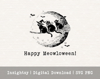Halloween Black Cat Meowloween Design Craft File Digital Download Witch Graphic Night Illustration Moon Bat Spooky Art Transfer File Craft