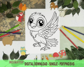 Cute Animal Coloring Pages for Kids | Simple Hawk Printable Coloring Sheet | PDF, PNG, SVG Digital Download | Single