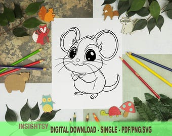 Schattige dieren kleurplaten voor kinderen | Kleurplaat eenvoudige muis afdrukbaar | Digitale download pdf, png en svg | Single: