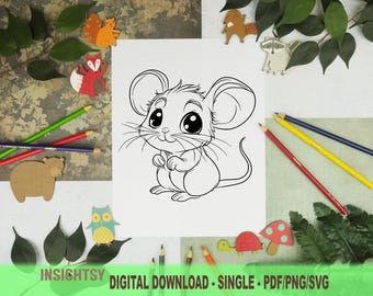 Schattige dieren kleurplaten voor kinderen | Kleurplaat eenvoudige muis afdrukbaar | Digitale download pdf, png en svg | Single: