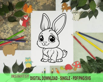 Cute Animal Coloring Pages for Kids | Simple Rabbit Printable Coloring Sheet | PDF, PNG, SVG Digital Download | Single