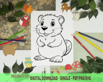Cute Animal Coloring Pages for Kids | Simple Beaver Printable Coloring Sheet | PDF, PNG, SVG Digital Download | Single