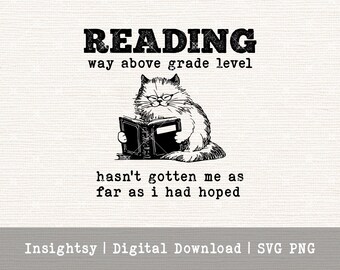 Cat Reading PNG Illustration Digital Download Art File SVG PNG Reading Design Book Lover Gift Idea Library Decor Wall Art Teacher Gift Print