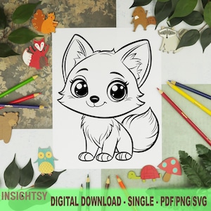 Niedliche Tier Malseiten für Kinder | Einfache Fuchs Malvorlage | PDF, PNG, SVG Digitaler Download | Einzelstück
